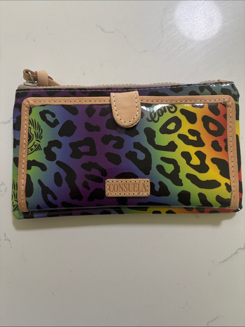 Consuela Rainbow Leopard Print Wallet with Tan Trim